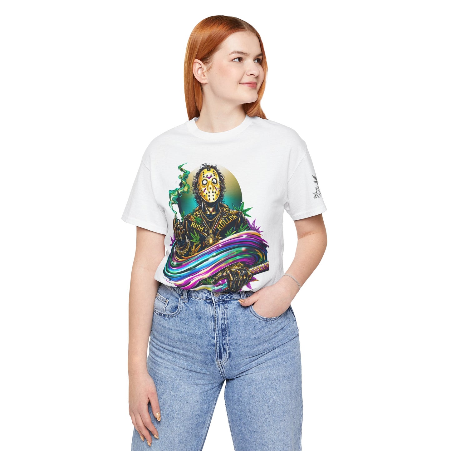 Psychedelic Jason Swoosh Cannabis T-Shirt - Premium Horror 420 Orange Edition Apparel