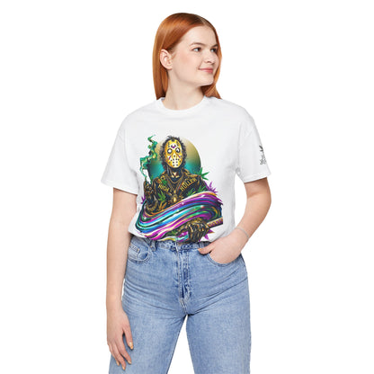 Psychedelic Jason Swoosh Cannabis T-Shirt - Premium Horror 420 Orange Edition Apparel