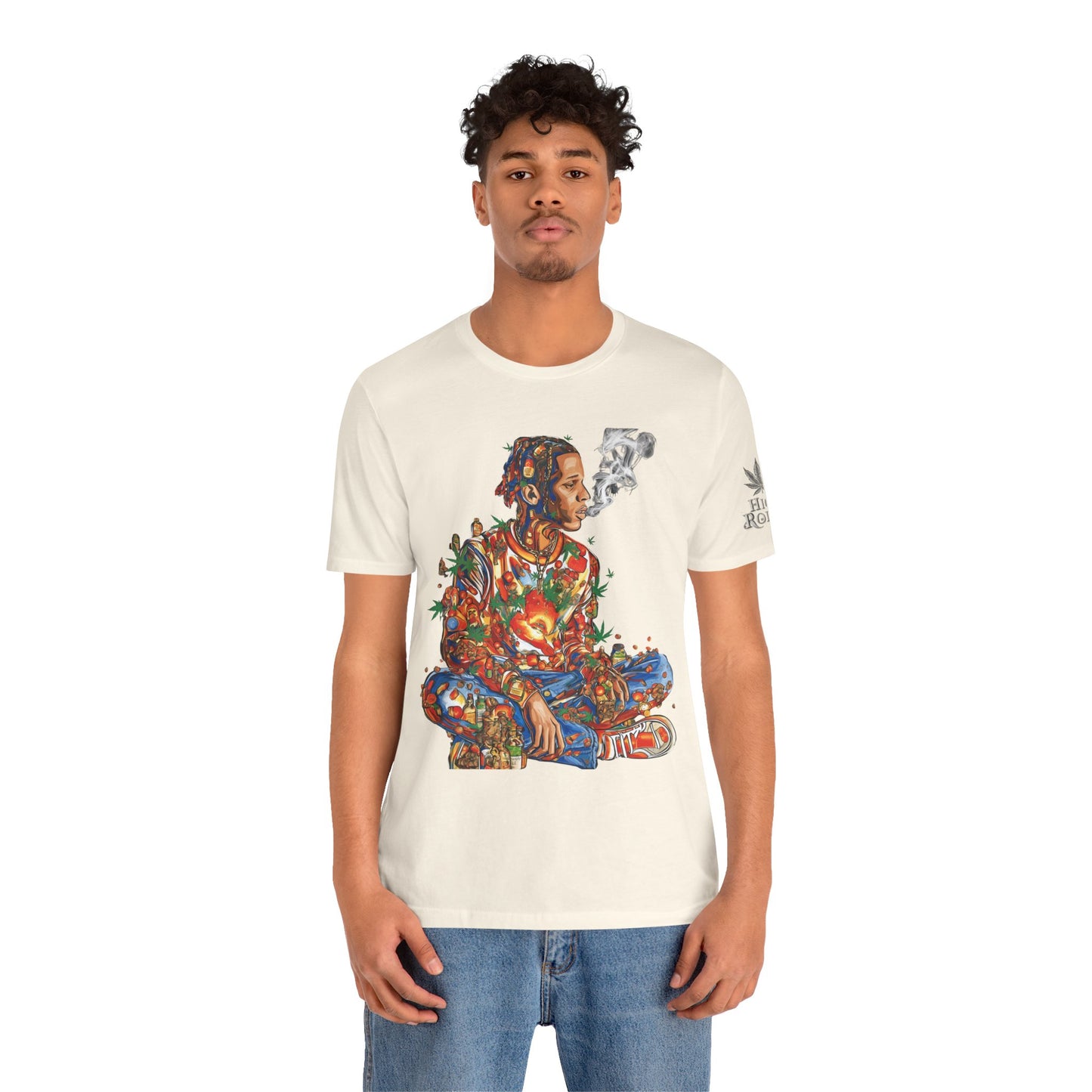 High Roller Meditation Mosaic Cannabis T-Shirt - Premium 420 Hip-Hop Zen Cross-Legged Street Culture Artistic Collage Apparel