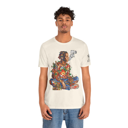 High Roller Meditation Mosaic Cannabis T-Shirt - Premium 420 Hip-Hop Zen Cross-Legged Street Culture Artistic Collage Apparel