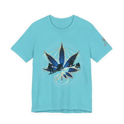 Sacred Geometry Snowboard Premium Cannabis Culture T-Shirt - Emerald Green Tee With Action Sports And Crystalline Cannabis Geometric Mandala