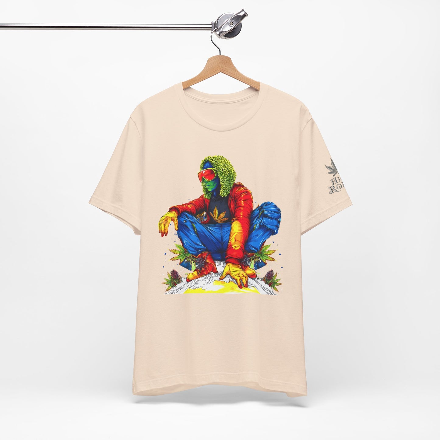 Psychedelic Chill Premium Cannabis Culture T-Shirt - Vibrant Street Art With Rainbow Color Explosion And Meditative Pose