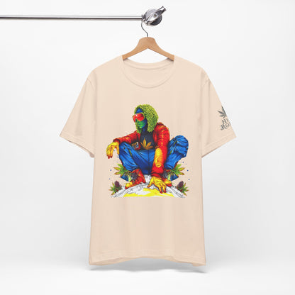 Psychedelic Chill Premium Cannabis Culture T-Shirt - Vibrant Street Art With Rainbow Color Explosion And Meditative Pose