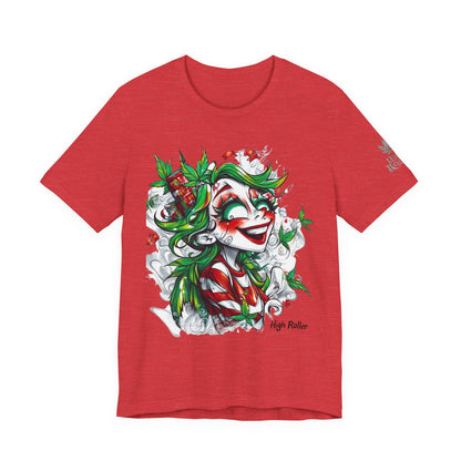 High Roller Jester Queen Cannabis T-Shirt - Premium 420 Harlequin Beauty Holiday Celebration Apparel