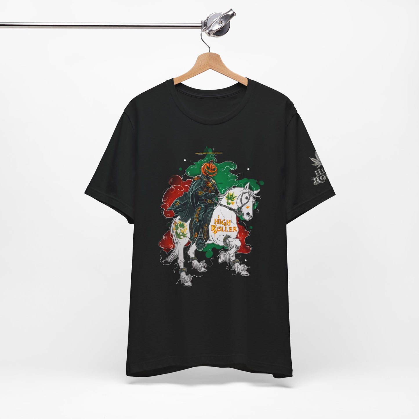 Headless Horseman HIGH ROLLER Halloween Cannabis T-Shirt - Premium Pumpkin Rider Skeletal Steed 420 Apparel