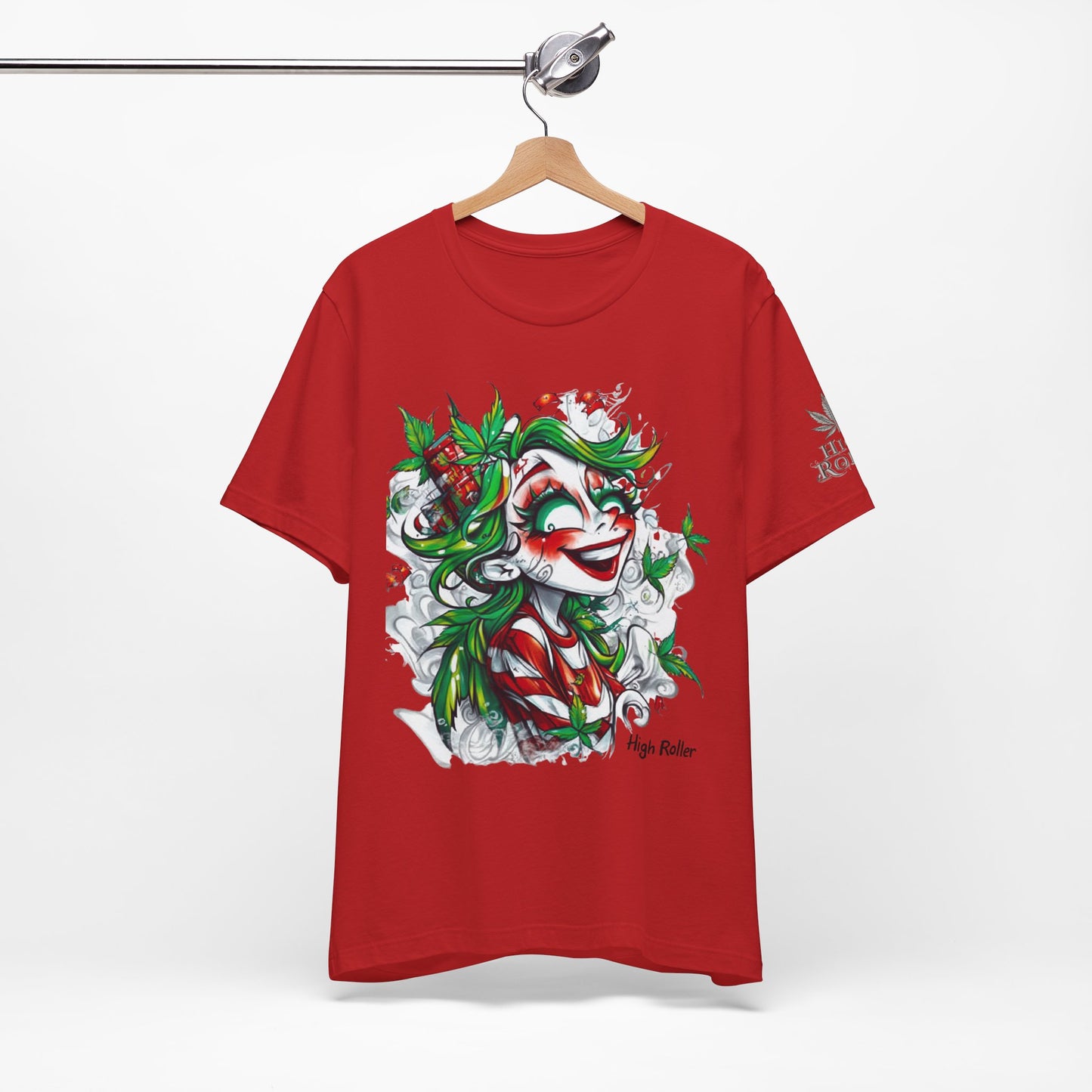 High Roller Jester Queen Cannabis T-Shirt - Premium 420 Harlequin Beauty Holiday Celebration Apparel