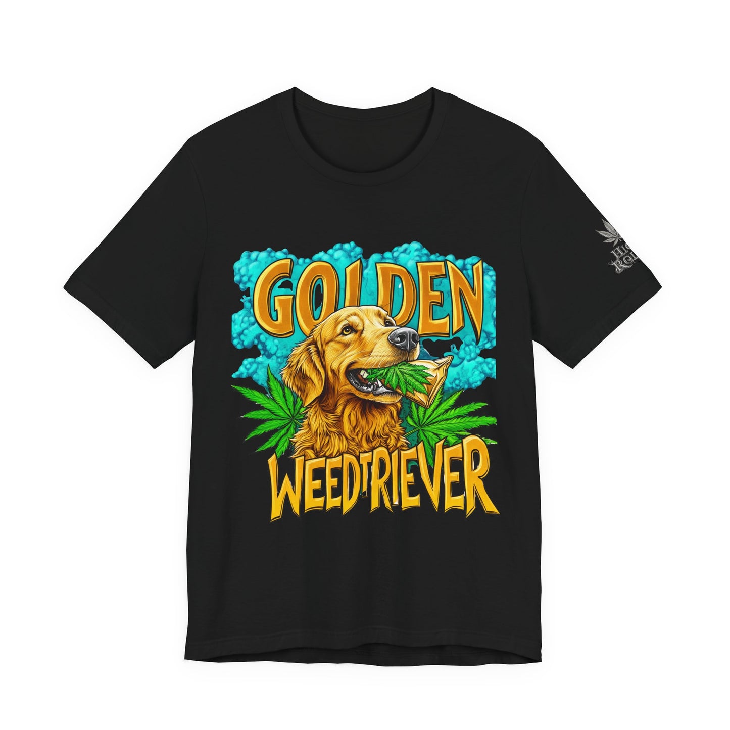 High Roller Golden Weedtriever Cannabis T-Shirt - Premium 420 Dog Lover Humor Golden Retriever Pun Comedy Pet Culture Apparel
