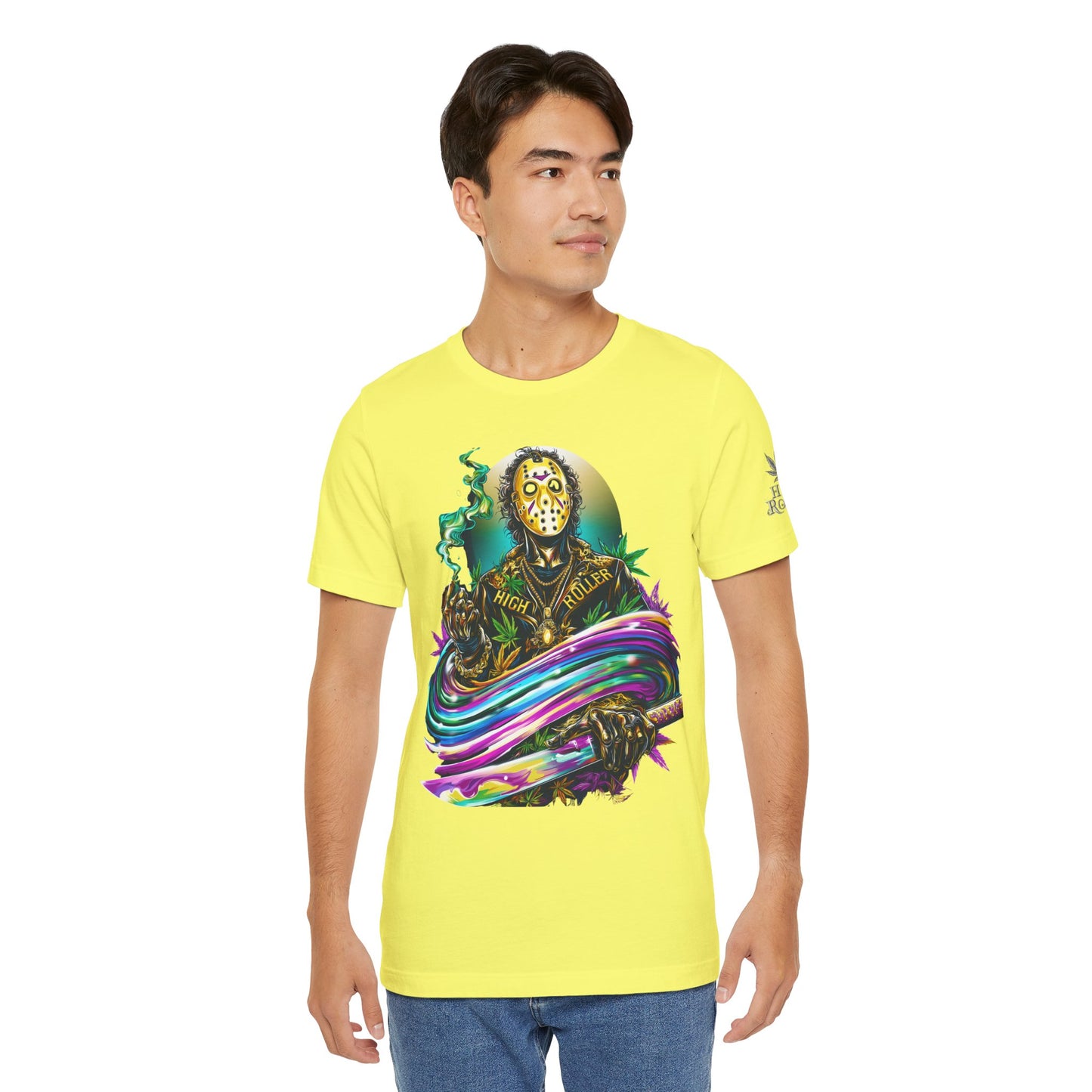 Psychedelic Jason Swoosh Cannabis T-Shirt - Premium Horror 420 Orange Edition Apparel