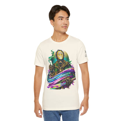 Psychedelic Jason Swoosh Cannabis T-Shirt - Premium Horror 420 Orange Edition Apparel