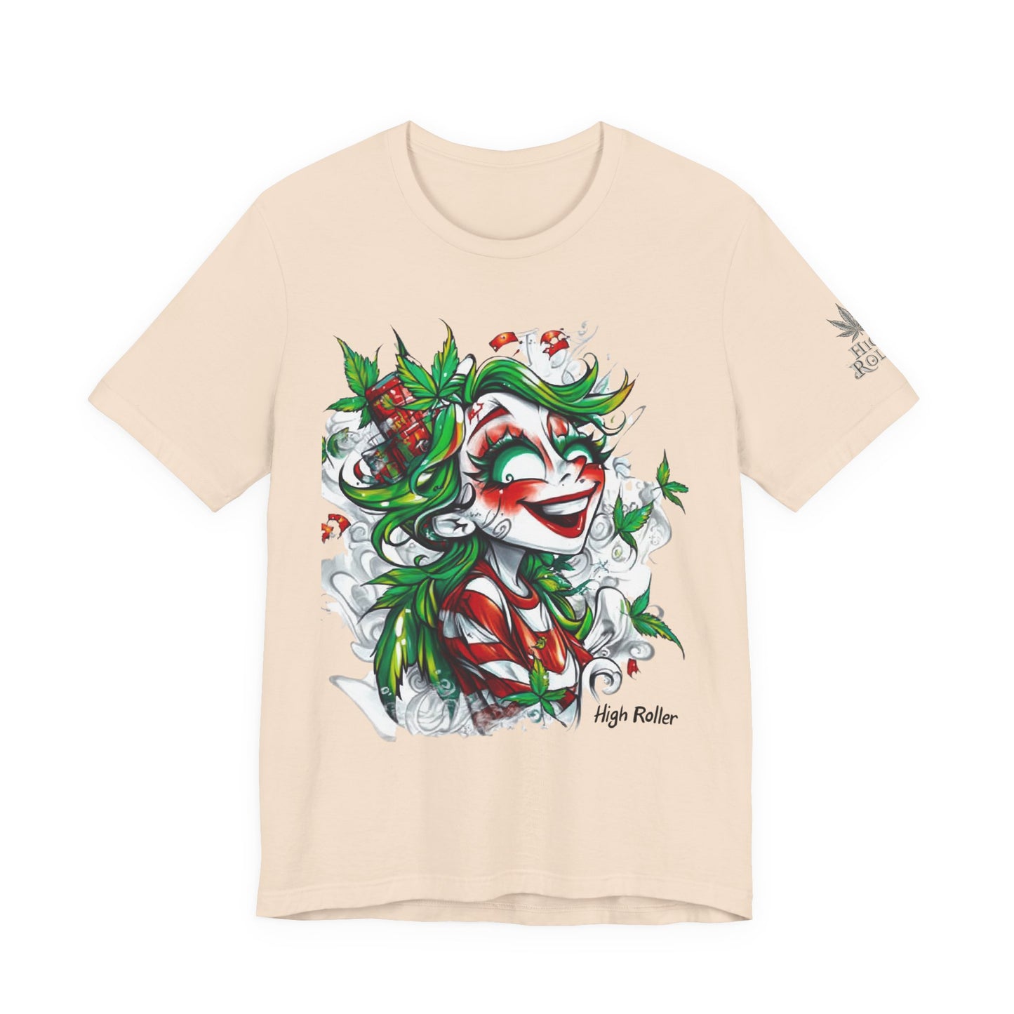 High Roller Jester Queen Cannabis T-Shirt - Premium 420 Harlequin Beauty Holiday Celebration Apparel