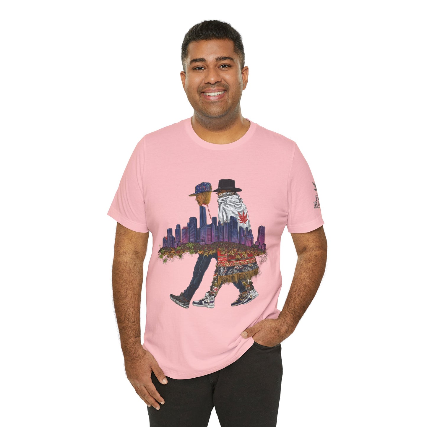 High Roller Urban Legends Cannabis T-Shirt - Premium 420 City Skyline Street Culture Double Exposure Apparel