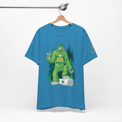 Bigfoot HIGH ROLLER Halloween Cannabis Forest T-Shirt - Premium Sasquatch Lifestyle Legend 420 Apparel
