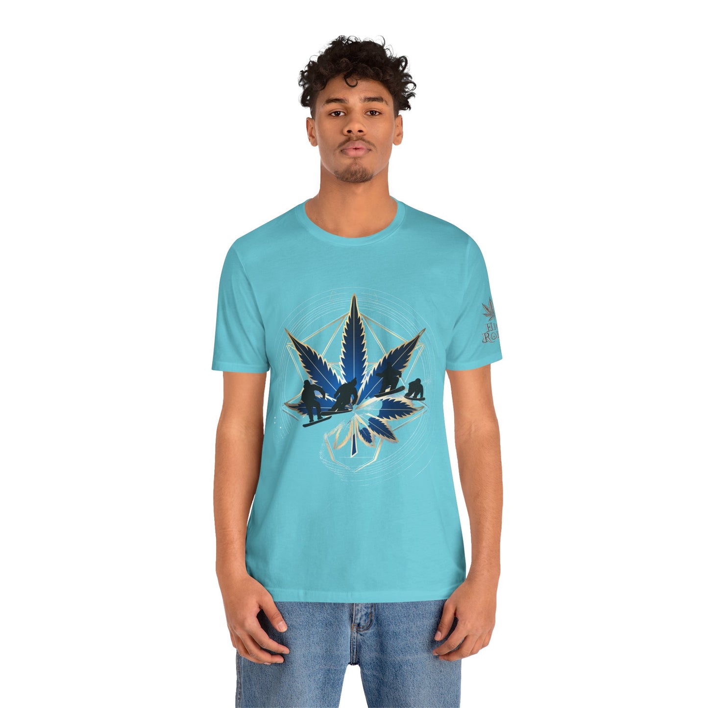 Sacred Geometry Snowboard Premium Cannabis Culture T-Shirt - Emerald Green Tee With Action Sports And Crystalline Cannabis Geometric Mandala
