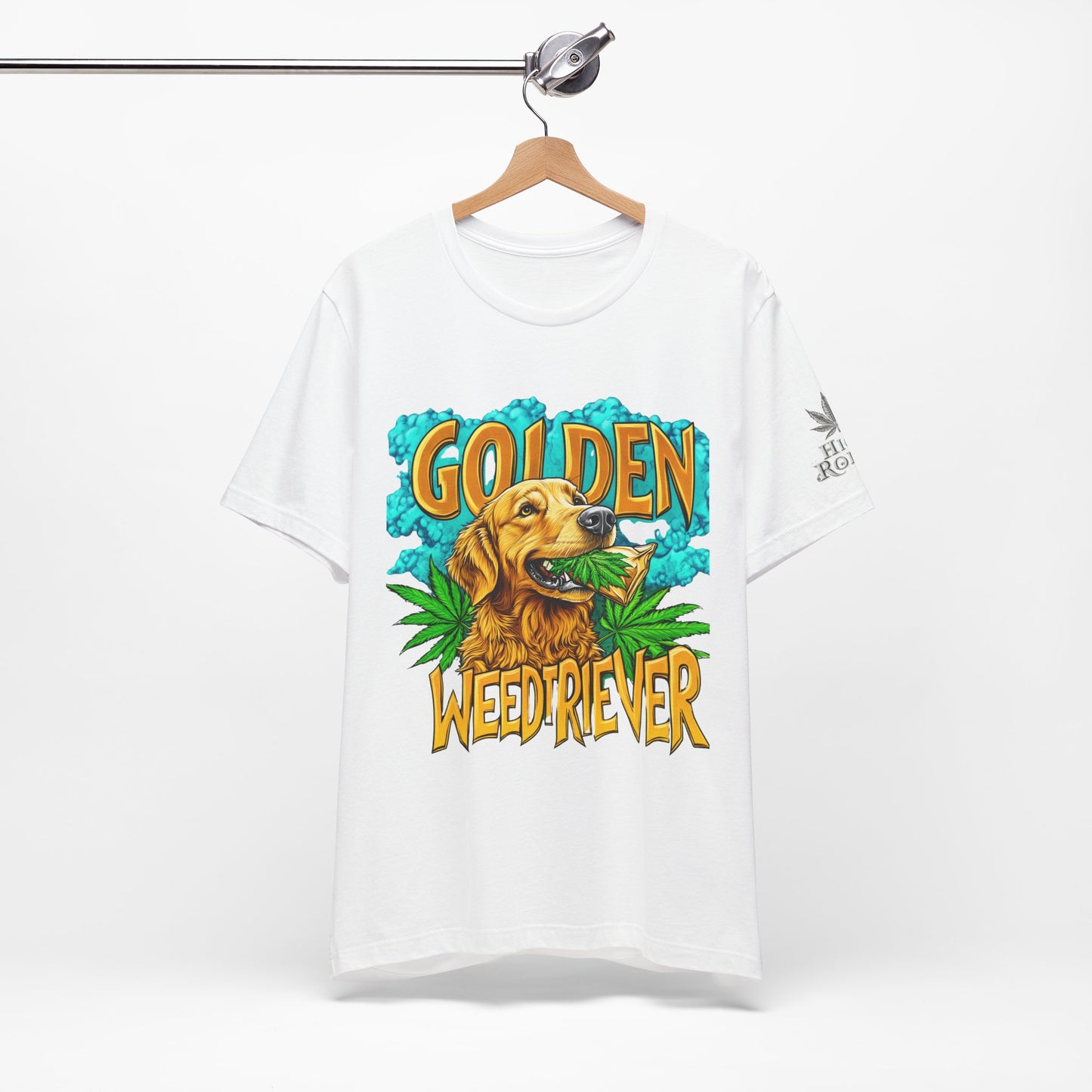 High Roller Golden Weedtriever Cannabis T-Shirt - Premium 420 Dog Lover Humor Golden Retriever Pun Comedy Pet Culture Apparel