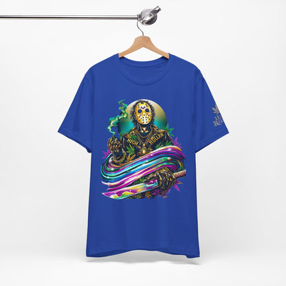 Psychedelic Jason Swoosh Cannabis T-Shirt - Premium Horror 420 Orange Edition Apparel