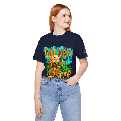 High Roller Golden Weedtriever Cannabis T-Shirt - Premium 420 Dog Lover Humor Golden Retriever Pun Comedy Pet Culture Apparel