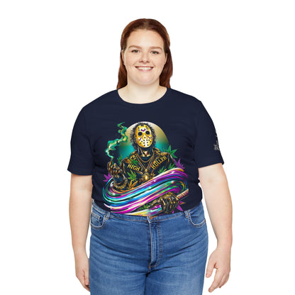 Psychedelic Jason Swoosh Cannabis T-Shirt - Premium Horror 420 Orange Edition Apparel