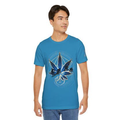 Sacred Geometry Snowboard Premium Cannabis Culture T-Shirt - Emerald Green Tee With Action Sports And Crystalline Cannabis Geometric Mandala