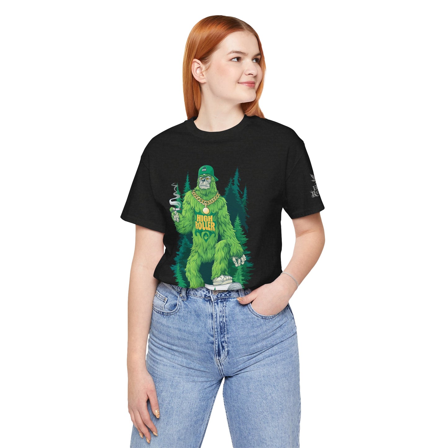 Bigfoot HIGH ROLLER Halloween Cannabis Forest T-Shirt - Premium Sasquatch Lifestyle Legend 420 Apparel