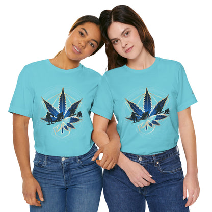 Sacred Geometry Snowboard Premium Cannabis Culture T-Shirt - Emerald Green Tee With Action Sports And Crystalline Cannabis Geometric Mandala
