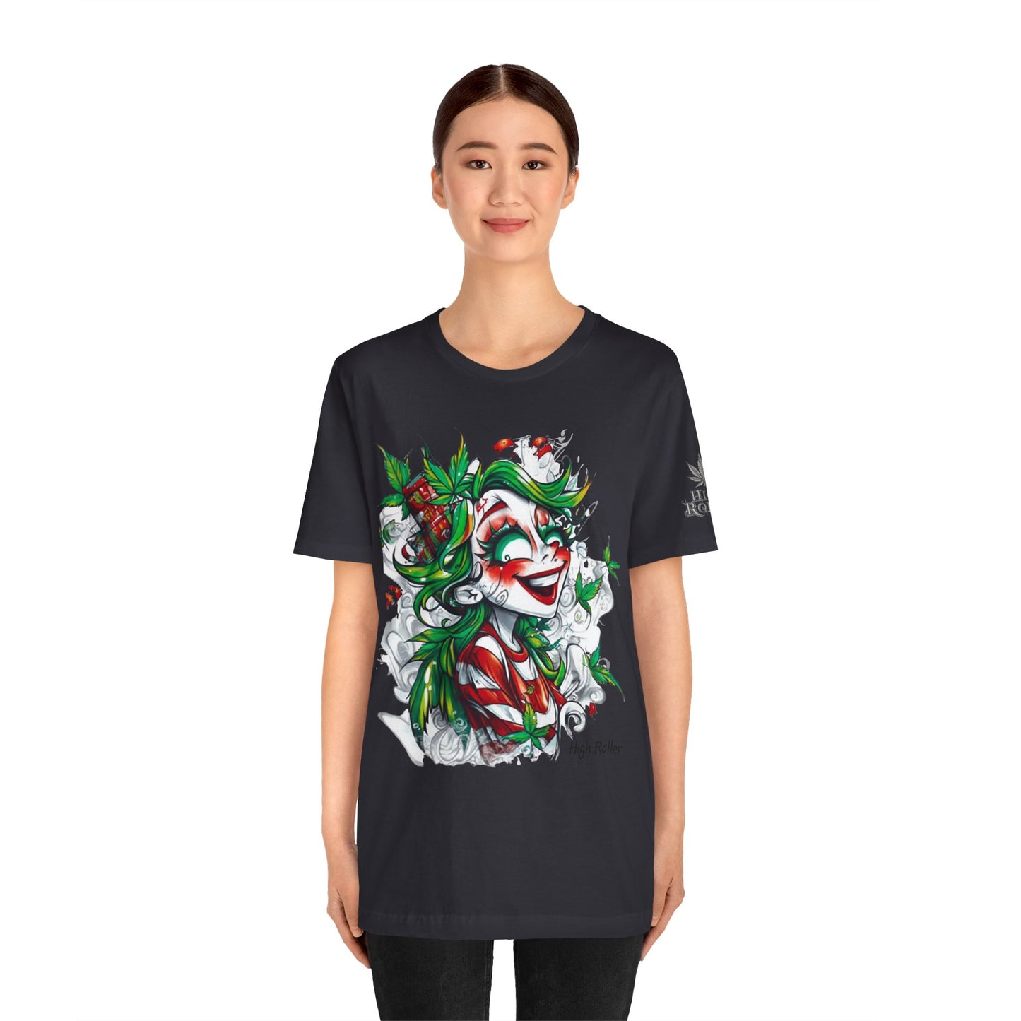 High Roller Jester Queen Cannabis T-Shirt - Premium 420 Harlequin Beauty Holiday Celebration Apparel