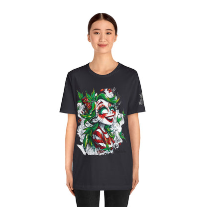 High Roller Jester Queen Cannabis T-Shirt - Premium 420 Harlequin Beauty Holiday Celebration Apparel