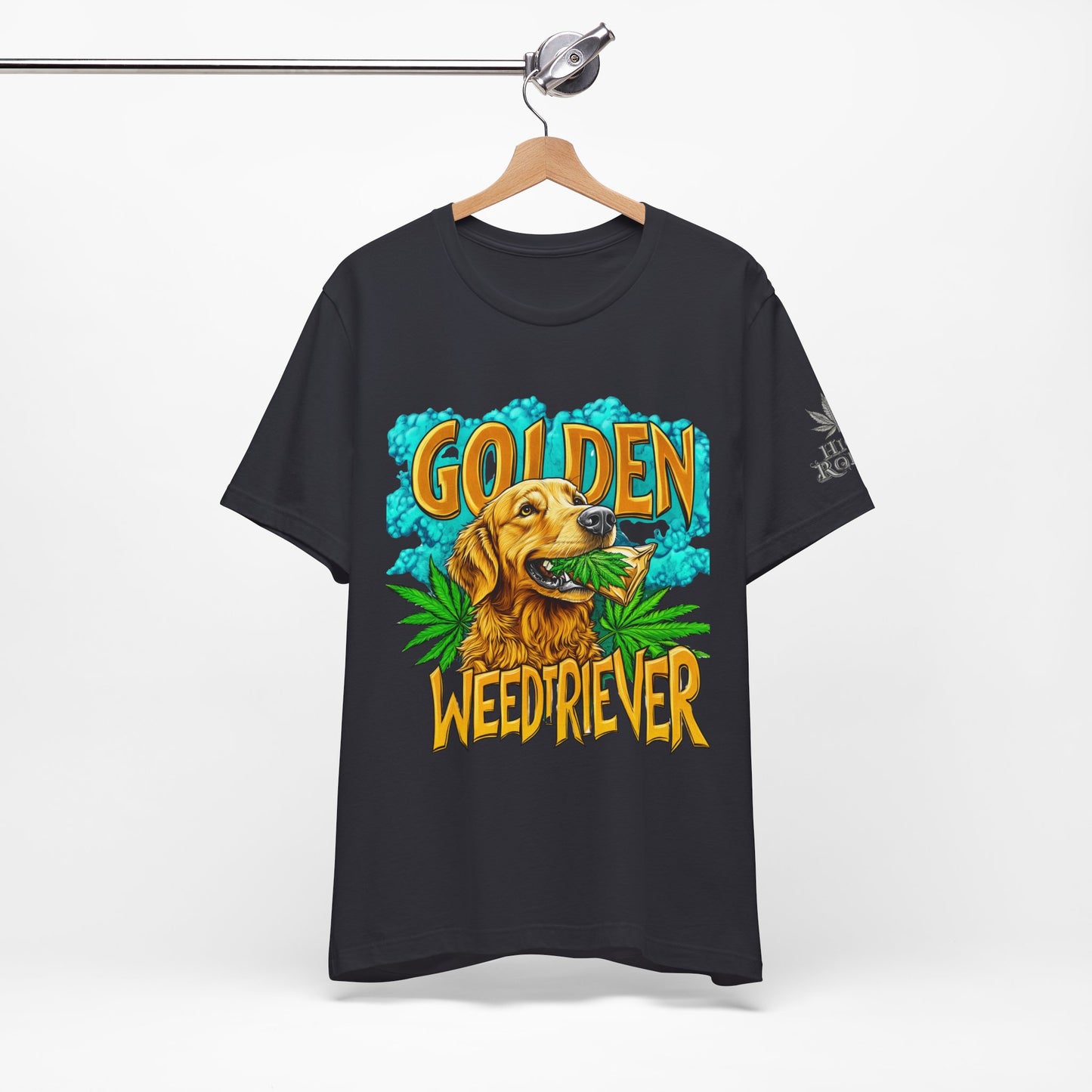 High Roller Golden Weedtriever Cannabis T-Shirt - Premium 420 Dog Lover Humor Golden Retriever Pun Comedy Pet Culture Apparel