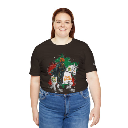 Headless Horseman HIGH ROLLER Halloween Cannabis T-Shirt - Premium Pumpkin Rider Skeletal Steed 420 Apparel