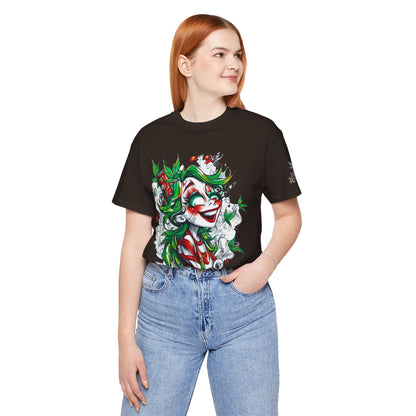 High Roller Jester Queen Cannabis T-Shirt - Premium 420 Harlequin Beauty Holiday Celebration Apparel