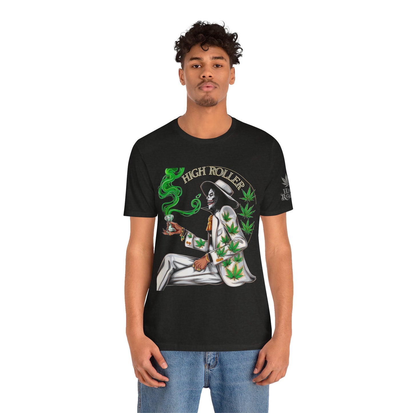 Skeletal HIGH ROLLER Halloween Cannabis Lounge T-Shirt - Premium Death's Day Off Botanical Relaxation 420 Apparel