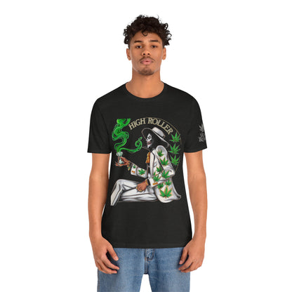 Skeletal HIGH ROLLER Halloween Cannabis Lounge T-Shirt - Premium Death's Day Off Botanical Relaxation 420 Apparel