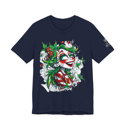 High Roller Jester Queen Cannabis T-Shirt - Premium 420 Harlequin Beauty Holiday Celebration Apparel