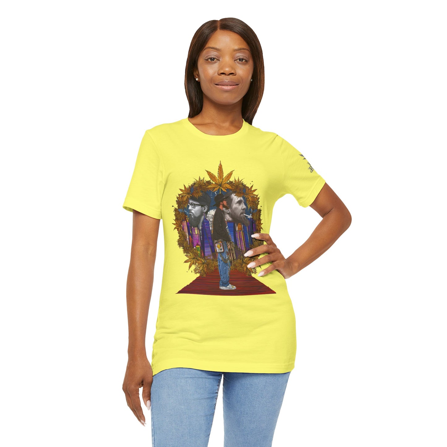 Red Carpet Royalty Premium Cannabis Culture T-Shirt - Hip-Hop Legends Tribute With Golden Cannabis Wreath And City Skyline