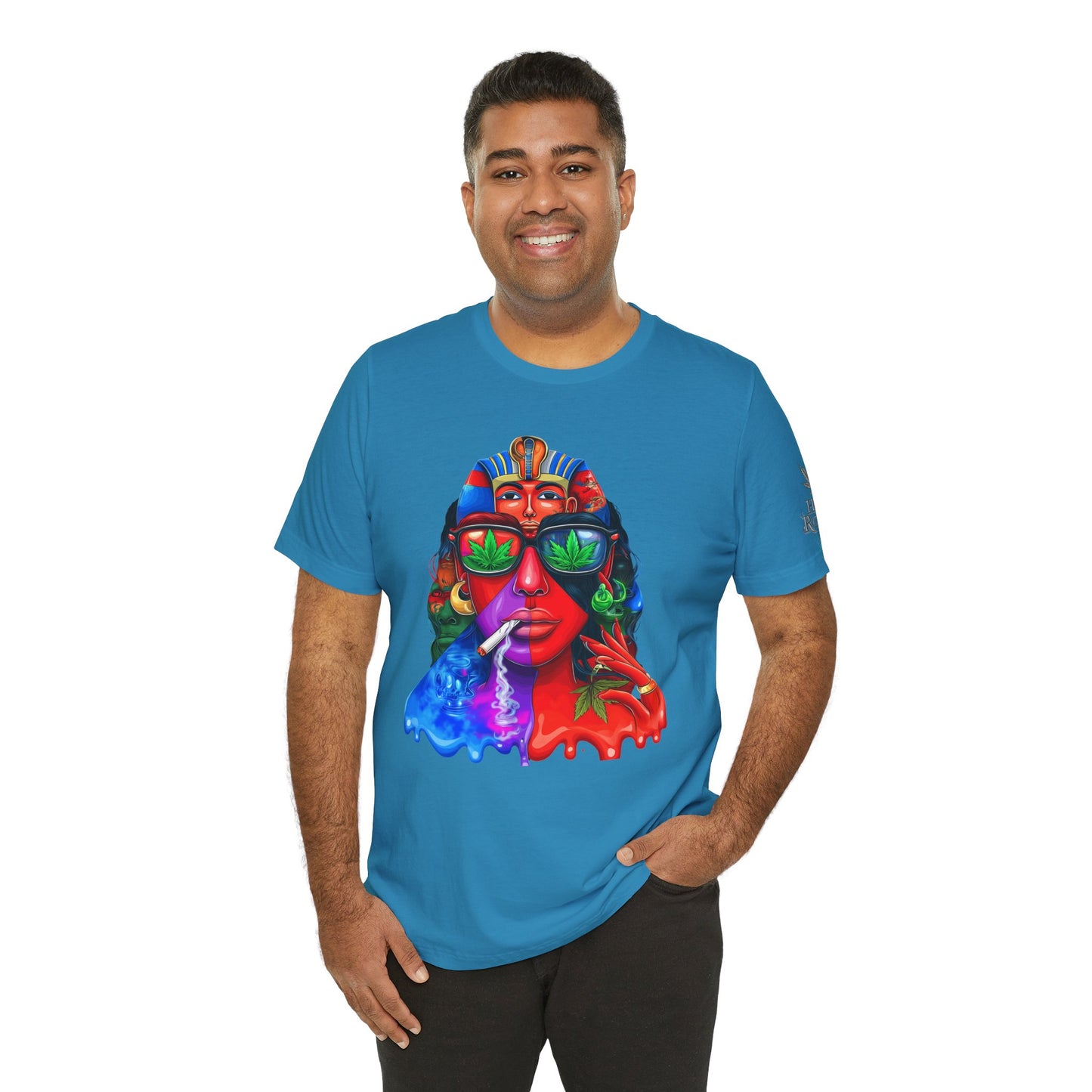 Pharaoh Vision Premium Cannabis Culture T-Shirt - Ancient Egyptian Royalty With Modern Cannabis Celebration And Psychedelic Split-Face Art
