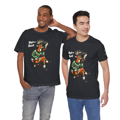 High as Buck T-Shirt - Premium Airlume Cotton Cannabis Christmas Deer Holiday Tee