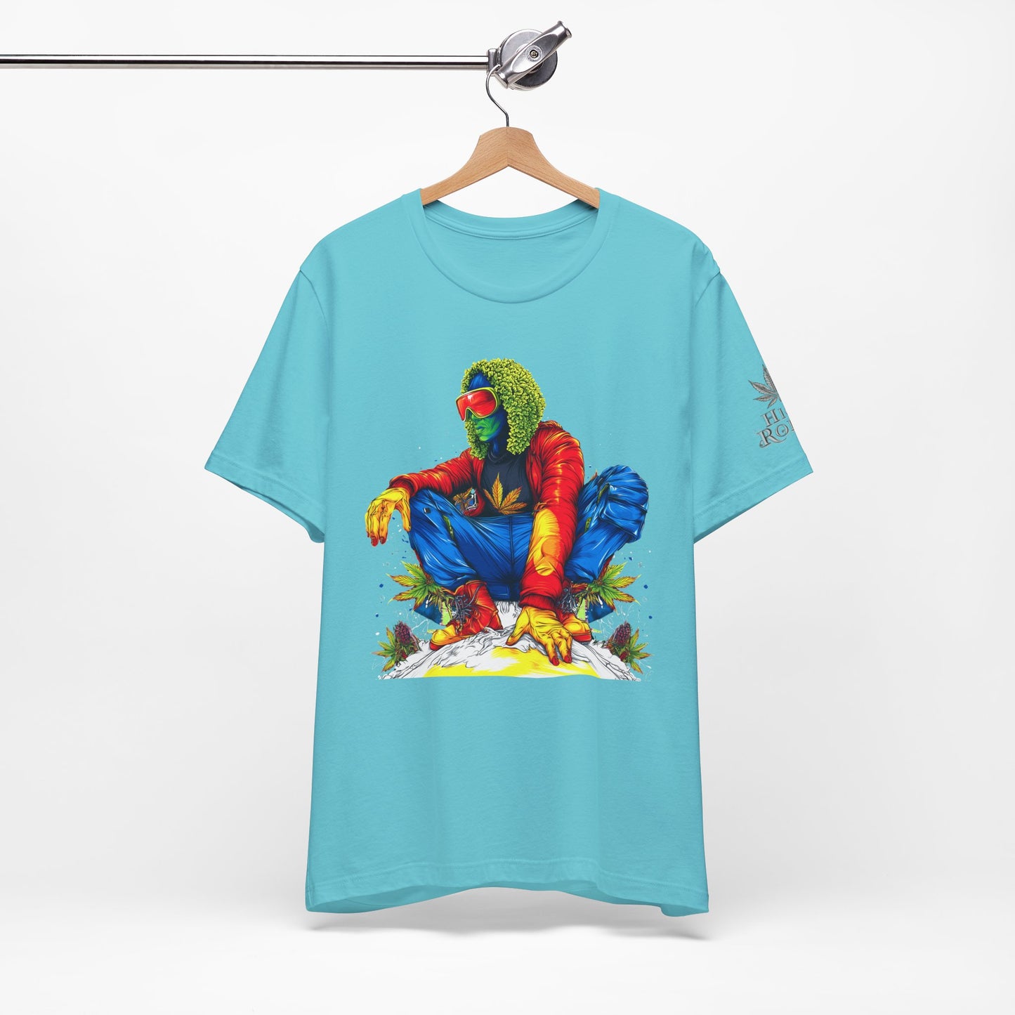 Psychedelic Chill Premium Cannabis Culture T-Shirt - Vibrant Street Art With Rainbow Color Explosion And Meditative Pose