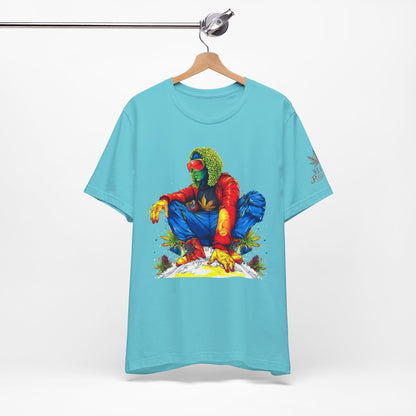 Psychedelic Chill Premium Cannabis Culture T-Shirt - Vibrant Street Art With Rainbow Color Explosion And Meditative Pose