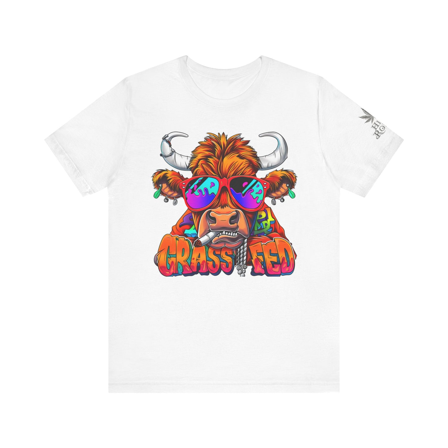 High Roller Grass Fed Cannabis T-Shirt - Premium 420 Highland Cow Humor Psychedelic Sunglasses Farm Culture Comedy Apparel