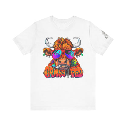 High Roller Grass Fed Cannabis T-Shirt - Premium 420 Highland Cow Humor Psychedelic Sunglasses Farm Culture Comedy Apparel