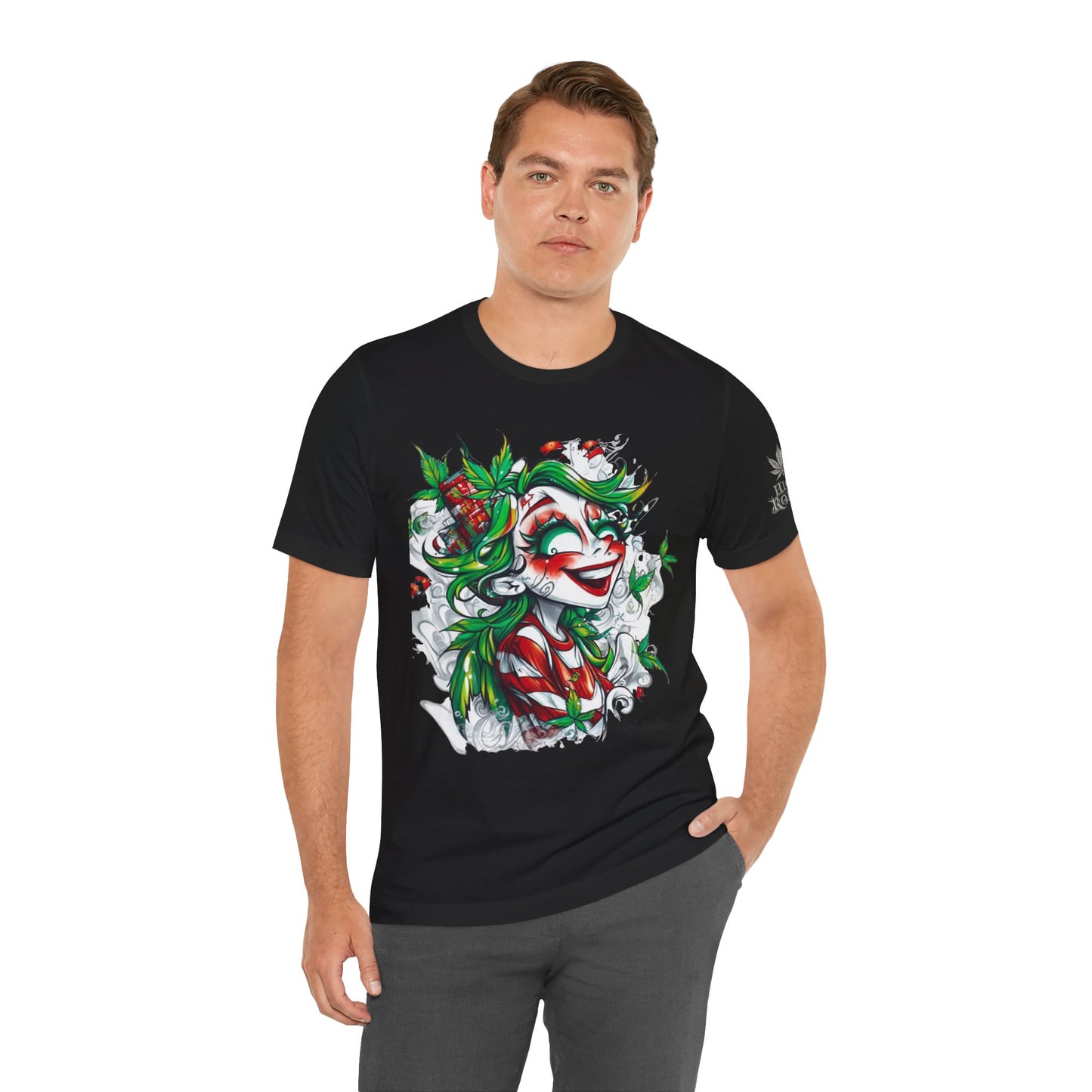 High Roller Jester Queen Cannabis T-Shirt - Premium 420 Harlequin Beauty Holiday Celebration Apparel