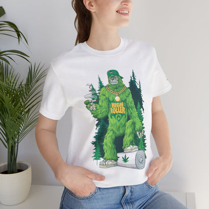 Bigfoot HIGH ROLLER Halloween Cannabis Forest T-Shirt - Premium Sasquatch Lifestyle Legend 420 Apparel