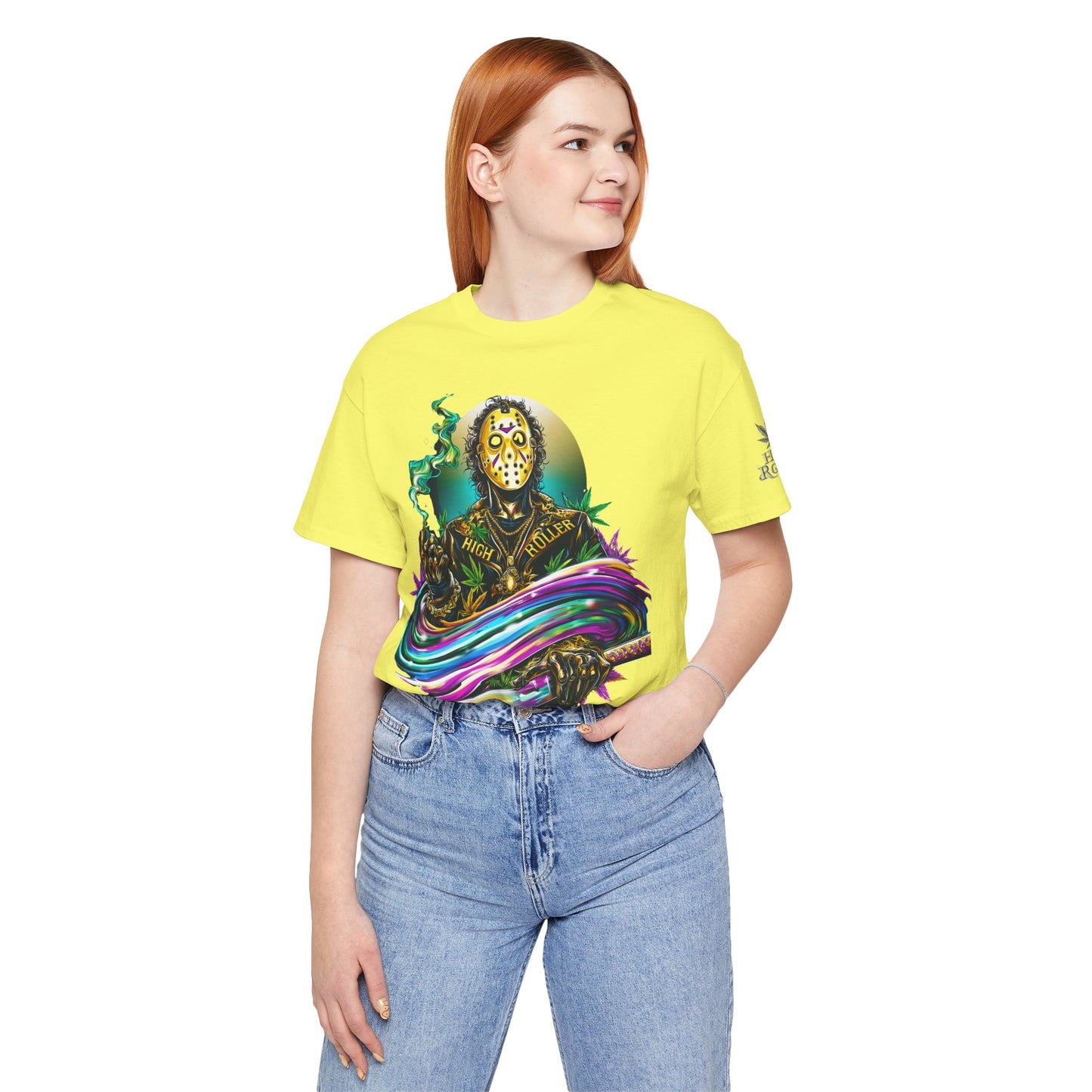 Psychedelic Jason Swoosh Cannabis T-Shirt - Premium Horror 420 Orange Edition Apparel