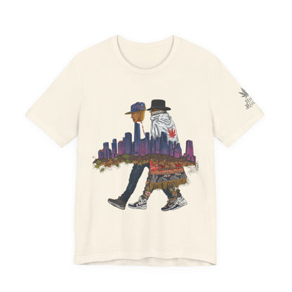 High Roller Urban Legends Cannabis T-Shirt - Premium 420 City Skyline Street Culture Double Exposure Apparel