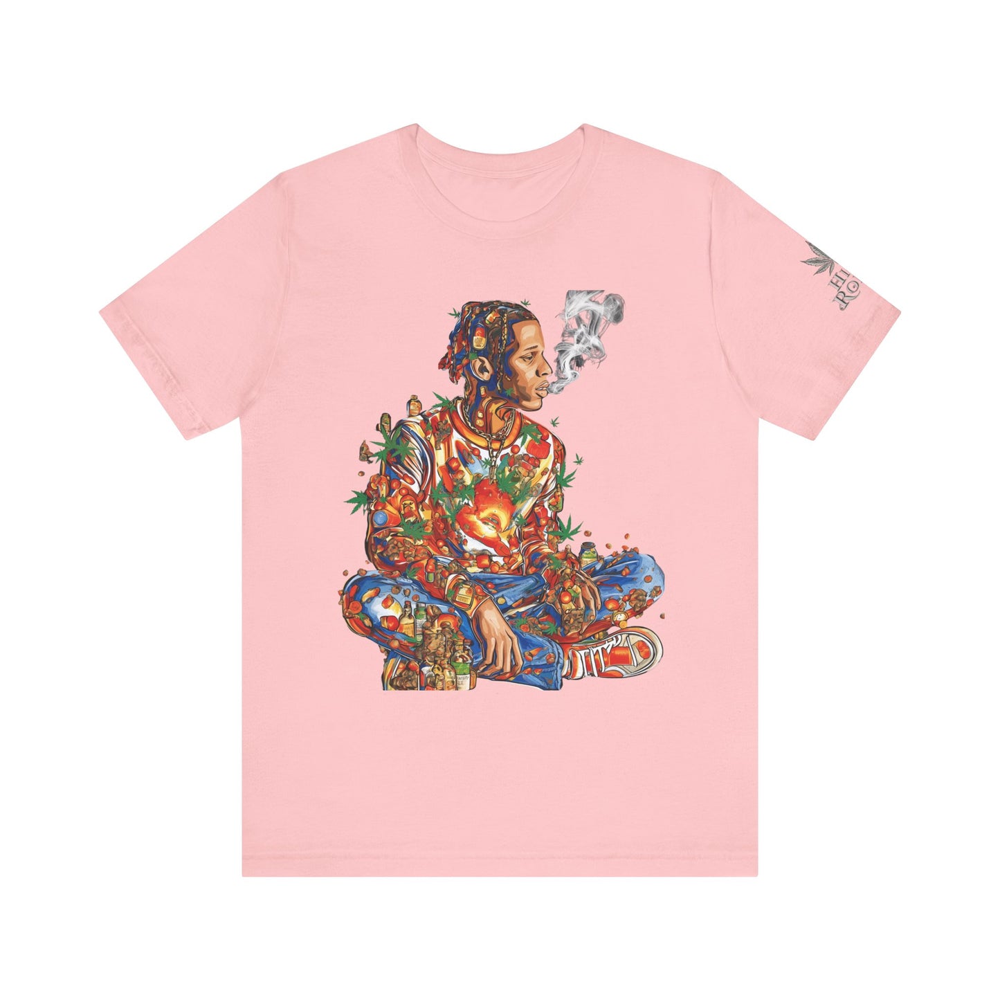 High Roller Meditation Mosaic Cannabis T-Shirt - Premium 420 Hip-Hop Zen Cross-Legged Street Culture Artistic Collage Apparel