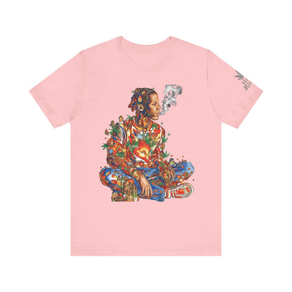 High Roller Meditation Mosaic Cannabis T-Shirt - Premium 420 Hip-Hop Zen Cross-Legged Street Culture Artistic Collage Apparel