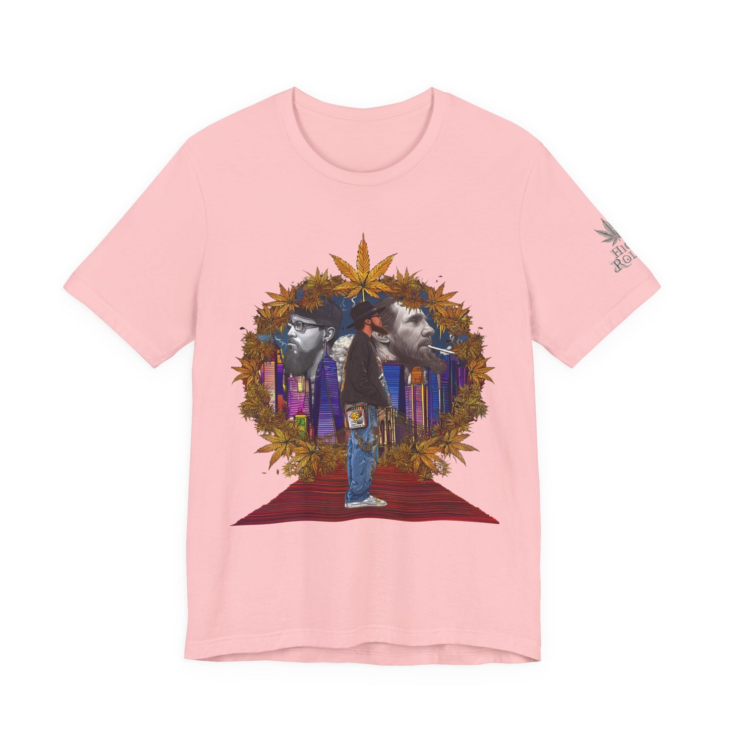 Red Carpet Royalty Premium Cannabis Culture T-Shirt - Hip-Hop Legends Tribute With Golden Cannabis Wreath And City Skyline