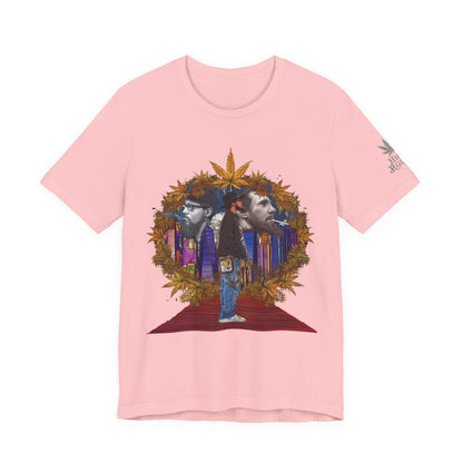 Red Carpet Royalty Premium Cannabis Culture T-Shirt - Hip-Hop Legends Tribute With Golden Cannabis Wreath And City Skyline