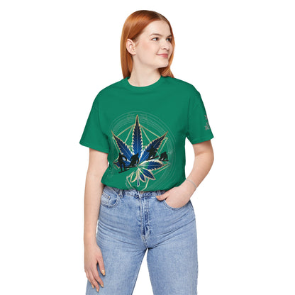 Sacred Geometry Snowboard Premium Cannabis Culture T-Shirt - Emerald Green Tee With Action Sports And Crystalline Cannabis Geometric Mandala