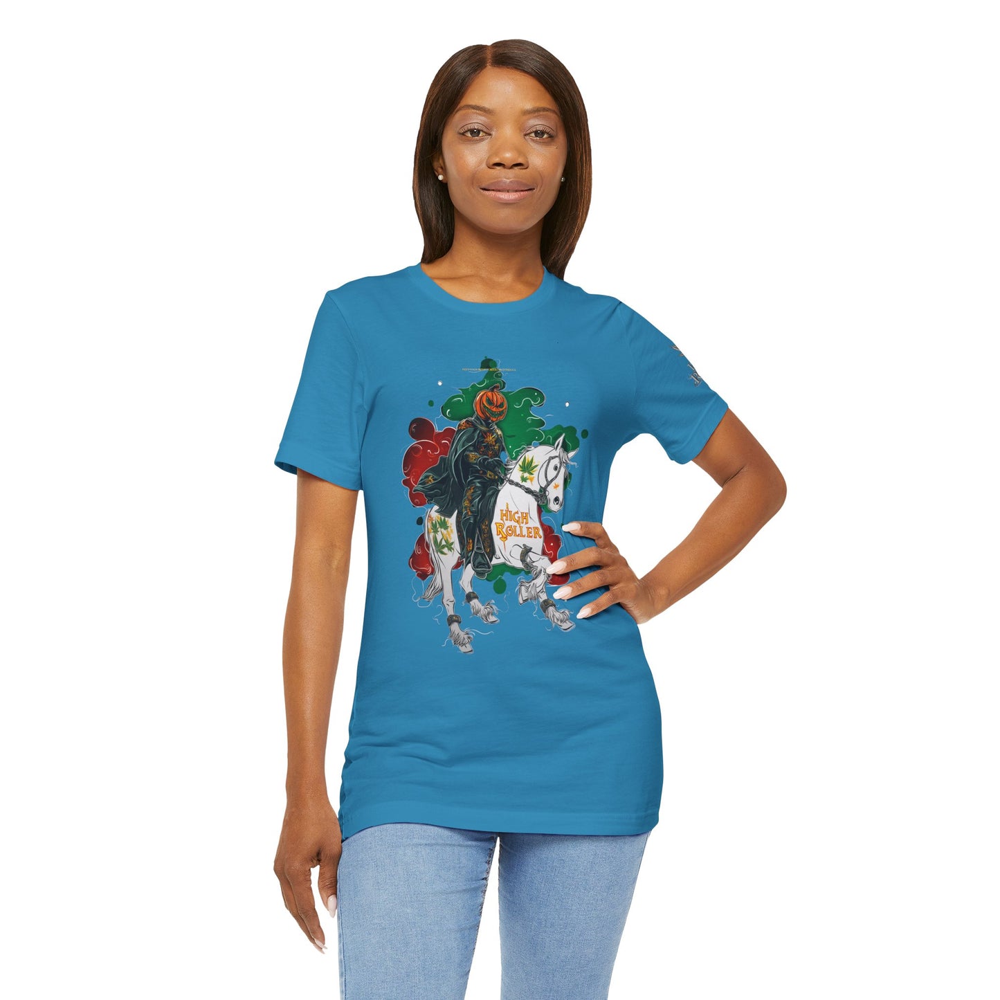 Headless Horseman HIGH ROLLER Halloween Cannabis T-Shirt - Premium Pumpkin Rider Skeletal Steed 420 Apparel