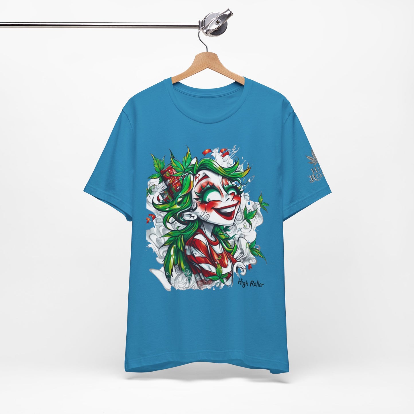 High Roller Jester Queen Cannabis T-Shirt - Premium 420 Harlequin Beauty Holiday Celebration Apparel